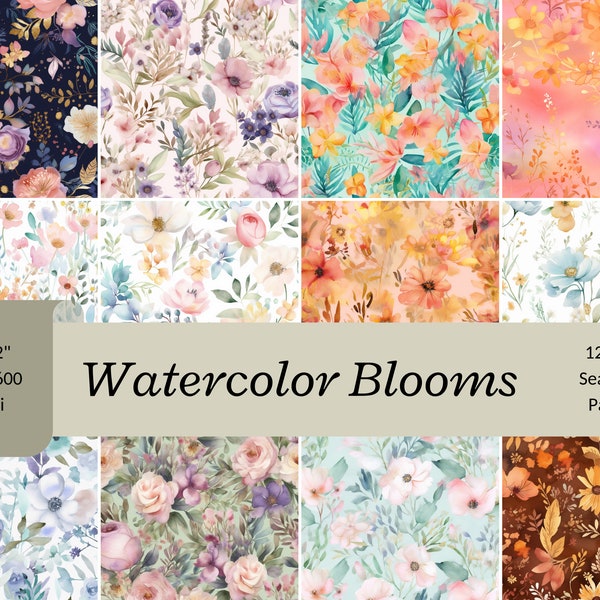 Seamless Watercolor Blooms Digital Paper - Soft Pastel Floral Backgrounds for Invitations, Scrapbooking, and Crafts