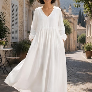 Minimalist White Linen Dress, Long Sleeve Maxi Dress, Loose Fit Women's ,Boho Summer wear