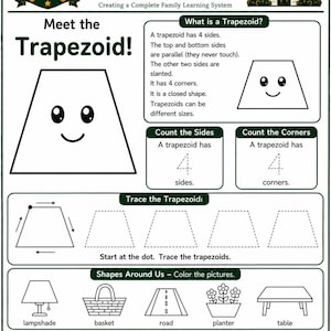 May include: An educational worksheet titled Curious Clubhouse featuring a trapezoid shape with a face. It includes text explaining trapezoid properties, tracing exercises, and illustrations of a lampshade, basket, road, planter, and table.