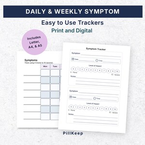 May include: A daily and weekly symptom tracker template in print and digital formats. The document includes fields for symptom name, date, time, and a level of impact scale from 0 to 10. A purple circle notes that it includes Letter, A4, and A5 sizes.