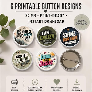 Puede incluir: Seis diseños de botones circulares de 32 mm, con varios gráficos y textos religiosos como God Is With Me, I Am Chosen, Shine Your Light, God Is Faithful y Love Like Jesus, incluyendo una parte posterior de alfiler de metal vacía.