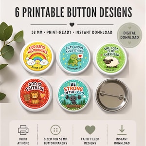 Puede incluir: Seis diseños de botones circulares con ilustraciones coloridas y textos religiosos como God Keeps His Promises, Pray About Everything, The Lord Is My Shepherd, God Is Faithful y Be Strong In The Lord, para máquinas de botones de 58 mm.