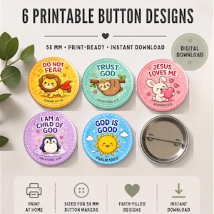 Könnte beinhalten: Sechs runde Button-Designs mit farbenfrohen Illustrationen von Löwe, Faultier, Hase, Pinguin und Sonne sowie religiösen Texten. Jeder Button hat einen Durchmesser von 58 mm. Die Designs enthalten Texte wie Do Not Fear, Trust God, Jesus Loves Me, I Am A Child Of God und God Is Good.