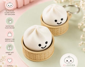 Smiley Bun Dumpling Clicky Keychain, Dim Sum Fidget Toy, Kawaii Bag Charm, 3D Printed