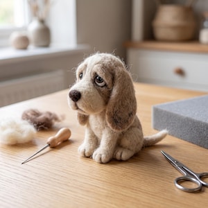 Könnte beinhalten: Eine nadelgefilzte Welpenfigur in Beige und Braun mit langen Schlappohren und dunklen Augen. Der Welpe steht auf einer Holzoberfläche neben einer Filznadel mit Holzgriff, kleinen Büscheln aus Wolle und einer Metallschere.