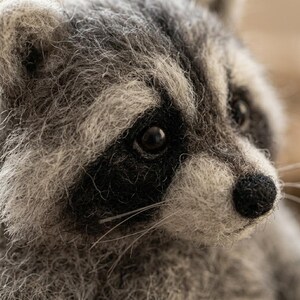 May include: A needle-felted raccoon figurine featuring a textured gray and white coat, dark black eye patches, a small black nose, and thin whiskers. The plush animal has a realistic appearance with detailed fur fibers and dark round eyes.