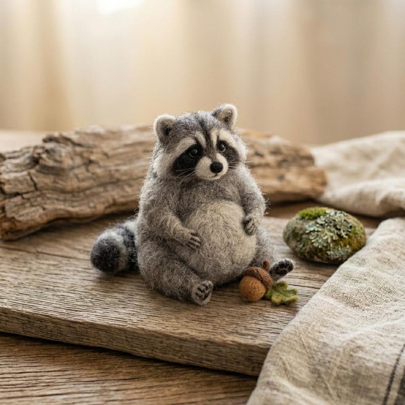 May include: A needle-felted raccoon figurine with grey and white fur, a black eye mask, and a striped tail. The raccoon is sitting in a seated position, holding a small brown felted acorn with a green leaf, showcasing detailed craftsmanship.