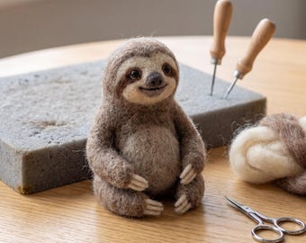 Smiling Sitting Three-Toed Sloth Needle Felting Kit | Beginner Friendly Jungle Wildlife DIY Craft