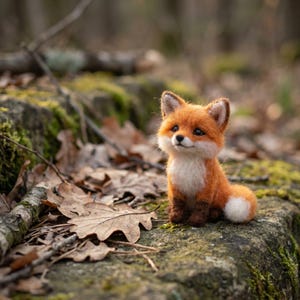 Könnte beinhalten: Eine kleine, nadelgefilzte Fuchsfigur mit orangefarbenem und weißem Fell, dunkelbraunen Pfoten und schwarzen Augen. Der Fuchs sitzt aufrecht mit dem Schwanz an der Seite, der eine weiße Spitze hat, und besitzt spitze Ohren mit weißem Innenfell.