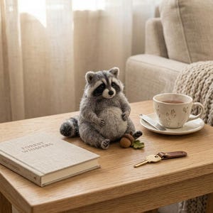 May include: A needle-felted raccoon figurine with grey and white fur, black eye patches, and a small brown acorn. Beside it sits a beige book titled Forest Whispers, a white ceramic teacup with a floral pattern, and a gold key on a brown leather fob.