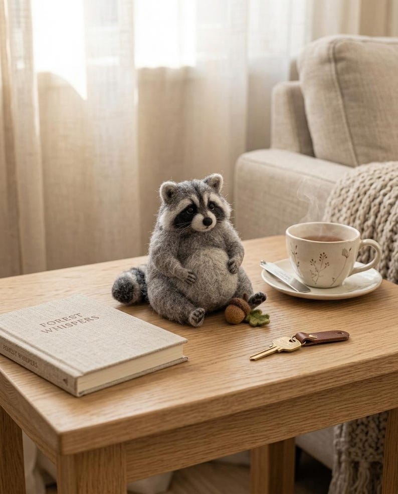 May include: A needle-felted raccoon figurine with grey and white fur, black eye patches, and a small brown acorn. Beside it sits a beige book titled Forest Whispers, a white ceramic teacup with a floral pattern, and a gold key on a brown leather fob.