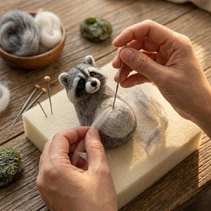 May include: A needle felting project featuring a small, gray and white wool raccoon figurine being crafted on a white foam block. A metal needle is used to attach a tuft of white wool to the raccoon's body, with additional wool roving nearby.