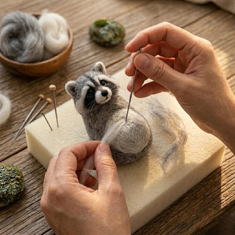 May include: A needle felting project featuring a small, gray and white wool raccoon figurine being crafted on a white foam block. A metal needle is used to attach a tuft of white wool to the raccoon's body, with additional wool roving nearby.