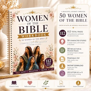 Puede incluir: Un libro de ejercicios de espiral titulado Women of the Bible con una ilustración de cinco mujeres con pañuelos en la cabeza rodeadas de motivos florales. La portada incluye el texto 112 total pages y un panel lateral que detalla 50 estudios de personajes, páginas de reflexión y el formato.