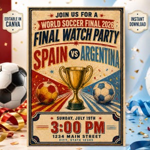 Invito per la festa di visione della finale di calcio Spagna-Argentina, invito modificabile per la festa dei Mondiali 2026, modello stampabile per la finale di calcio