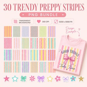 Puede incluir: Un paquete digital de 30 patrones de rayas en varios colores pastel, con fondo transparente, 300 DPI y dimensiones de 5000 x 5000 px. Una camiseta rosa claro muestra un patrón de rayas con un lazo rosa y el texto Good Things Take Time.