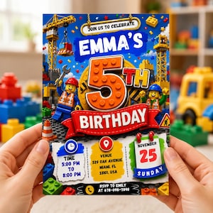 Construction Blocks 5th Birthday Invitation, Building Blocks Canva Template, Crane Builder Kids Birthday Digital Invite