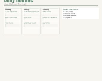 Planificador de rutinas diarias para TDAH, imprimible, con bloqueo de tiempo, para adultos neurodivergentes con TDAH (PDF digital)