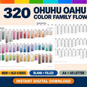 May include: A digital color chart for 320 Ohuhu Oahu markers, featuring a color family flow guide with new and old codes. The document includes blank and filled A4 and US letter worksheets for organizing marker colors by hue and shade.
