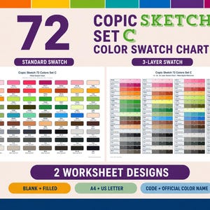 Puede incluir: Una tabla de muestras de color Copic Sketch Set C con 72 colores. El documento incluye una cuadrícula de muestras estándar y una cuadrícula de 3 capas, con etiquetas de texto para 2 diseños de hojas de trabajo, opciones en blanco y relleno.