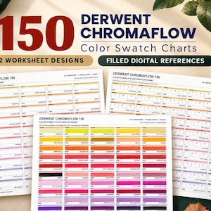 Może przedstawiać: Trzy białe arkusze papieru z tabelami wzorników kolorów Derwent Chromaflow 150 z siatkami na nazwy i numery kolorów. Tekst brzmi 150 Derwent Chromaflow Color Swatch Charts, 2 Worksheet Designs oraz Filled Digital References.