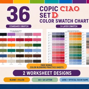 Pode incluir: Uma tabela de cores Copic Ciao Set D com 36 cores. O documento inclui uma grade de amostras padrão e uma grade de amostras de 3 camadas. O texto inclui 36 Copic Ciao Set D Color Swatch Chart, Free Bonus Color Blending Practice Sheets, 2 Worksheet Designs, Blank + Filled, A4 + US Letter, e Code + Official Color Name.