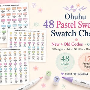 May include: Ohuhu 48 Pastel Sweetness Swatch Charts featuring three printable designs in A4 and US Letter sizes. The set includes blank and filled charts with new and old color codes. Two white art markers with pastel caps are shown at the bottom.