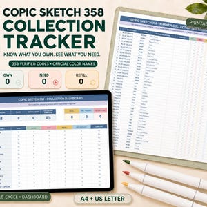 Può includere: Un tracker digitale per la collezione Copic Sketch 358 visualizzato su un tablet e un foglio stampato. La dashboard e l'elenco dell'inventario presentano colonne per famiglie di colori, codici e stato. Tre pennarelli sono vicini, insieme a una clip metallica.