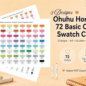 Op de afbeelding: Een digitale kleurenkaartset voor 72 Ohuhu Honolulu basiskleuren, met 3 ontwerpen, 12 printbare pagina's in A4- en US Letter-formaat, en lege of ingevulde opties. De kaart toont een raster van 72 gekleurde rechthoeken met labels.