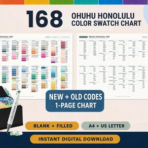 May include: A 168 Ohuhu Honolulu color swatch chart featuring two pages, one filled with color samples and one blank for testing. The image includes a black carrying case filled with markers, a single marker, and text reading New + Old Codes 1-Page Chart.