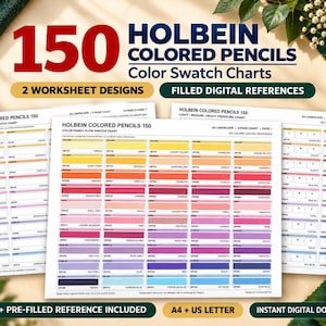 Puede incluir: Un conjunto de 150 tablas de muestras de color para lápices de colores Holbein con dos diseños de hojas de trabajo y referencias digitales completas. Las hojas de papel blanco muestran filas organizadas de bloques de color con etiquetas.
