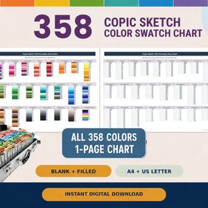 Pode incluir: Uma tabela de cores Copic Sketch com 358 cores em duas páginas brancas. A tabela inclui seções em branco e preenchidas, com texto indicando os tamanhos A4 e US letter. Uma maleta prateada cheia de marcadores é exibida.