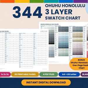 May include: Ohuhu Honolulu 344 3 Layer Swatch Chart digital download featuring 20 printable pages in 4 PDF files. Includes A4 and US Letter formats with blank and filled options. The chart displays colour grids for markers with text labels.