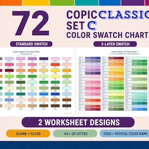 Puede incluir: Una tabla de muestras de color Copic Classic 72 Colors Set C con dos diseños de hoja de trabajo. La imagen muestra una cuadrícula de muestras estándar y una cuadrícula de muestras de 3 capas, etiquetadas con códigos y nombres oficiales.