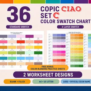 Puede incluir: Una tabla de muestras de color Copic Ciao Set C con 36 colores. El documento incluye una muestra estándar y una muestra de 3 capas, con hojas de práctica de mezcla de colores. Ofrece dos diseños de hojas de trabajo en tamaños A4 y carta.