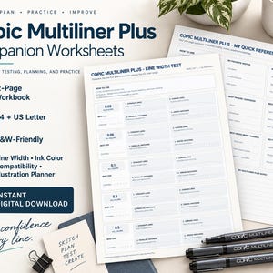 May include: A 12-page Copic Multiliner Plus companion workbook for A4 and US Letter paper. The white sheets feature line width tests, ink colour compatibility charts, and illustration planners with black text and three black ink pens.