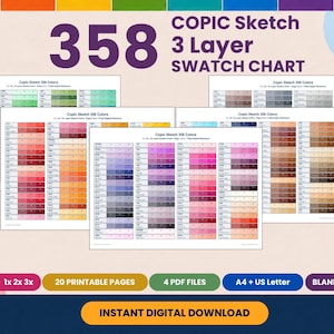 Könnte beinhalten: Eine Copic Sketch 3-Layer Farbtabelle mit 358 Farben auf 20 druckbaren Seiten. Der digitale Download enthält 4 PDF-Dateien in A4 und US Letter, die sowohl leere als auch ausgefüllte Vorlagen zur Organisation von Marker-Sammlungen bieten.