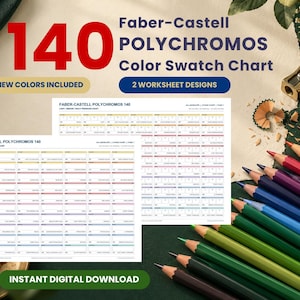 Peut inclure: Un téléchargement numérique présentant un nuancier de 140 couleurs Faber-Castell Polychromos avec deux modèles de feuilles de travail. Le document inclut 20 nouvelles couleurs et affiche des lignes organisées pour tester les couleurs.