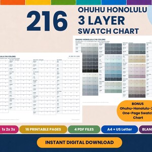 May include: Ohuhu Honolulu 216 3 Layer Swatch Chart digital download. Includes 16 printable pages, 4 PDF files in A4 and US Letter sizes, featuring blank and filled colour charts for organising markers with 1x, 2x, and 3x layering options.