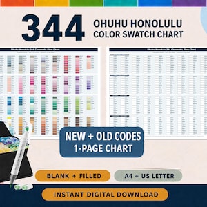 May include: A 344 Ohuhu Honolulu colour swatch chart featuring two white pages with grids for colour codes, a black carrying case filled with markers, and a single marker. Text includes 344 OHUHU HONOLULU COLOUR SWATCH CHART, NEW + OLD CODES 1-PAGE CHART, BLANK + FILLED, A4 + US LETTER, and INSTANT DIGITAL DOWNLOAD.