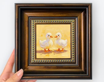 Ingelijst olieverfschilderij tweeling pluizige eendjes, 4 inch vintage minikunst, decor kwekerij, handgemaakt kraamcadeau