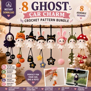 Virkmönster med 8 spökbilberlocker i PDF-format | Amigurumi-mönster för Halloween-spöken | Upphängning av backspegel | Virkning av söta biltillbehör