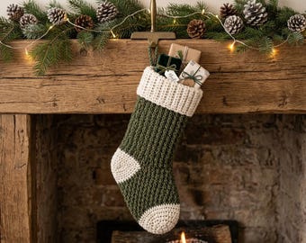 May include: A crocheted Christmas stocking featuring a dark olive green body with a ribbed texture, a thick cream-colored cuff, and a matching cream-colored heel and toe. The stocking is filled with three small gift boxes wrapped in paper.