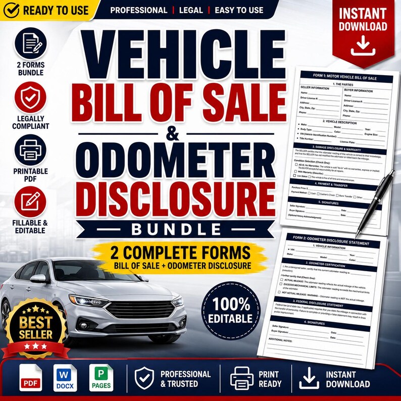 Plantilla de contrato de compraventa de vehículos con declaración del odómetro, contrato de compraventa de automóviles en PDF, Word editable, formulario de venta de vehículos del DMV, contrato de compraventa de automóviles imagen 2