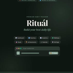 May include: A dark green digital interface for a premium habit tracker titled Rituál. The layout includes navigation buttons for Dashboard, Routines, Analytics, Wellness, Goals, Achievements, Calendar, and Settings, plus a progress bar with a 12 streak.