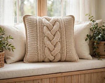 May include: A square beige crochet pillow featuring a prominent central cable knit braid pattern. The pillow is constructed with a textured stitch design and finished with a matching border, showcasing a neutral color palette throughout.