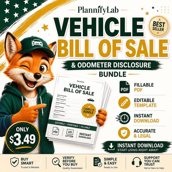 Vehicle Bill of Sale Template with Odometer Disclosure, Car Bill of Sale PDF, Editable Word, DMV Vehicle Sale Form, Auto Bill of Sale