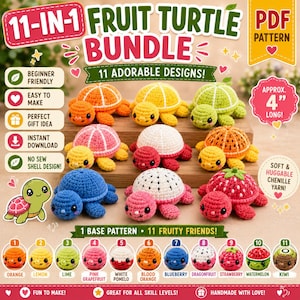 May include: A digital PDF pattern bundle featuring 11 crochet fruit turtle designs. The image displays 9 crocheted turtles with shells resembling orange, lemon, lime, grapefruit, pomelo, blood orange, blueberry, dragon fruit, and strawberry.