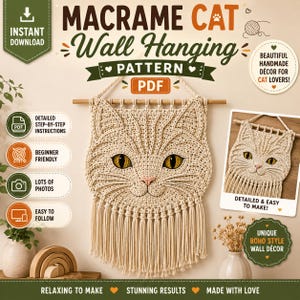 Patrón de tapiz de gato de macramé en PDF / Tutorial de tapiz de gato DIY / Patrón de macramé para principiantes / Decoración de pared bohemia con animales / Descarga instantánea