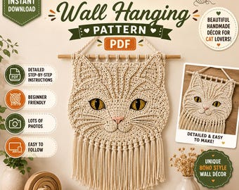 Macrame Cat Wall Hanging Pattern PDF | DIY Cat Tapestry Tutorial | Beginner Macrame Pattern | Boho Animal Wall Decor | Instant Download